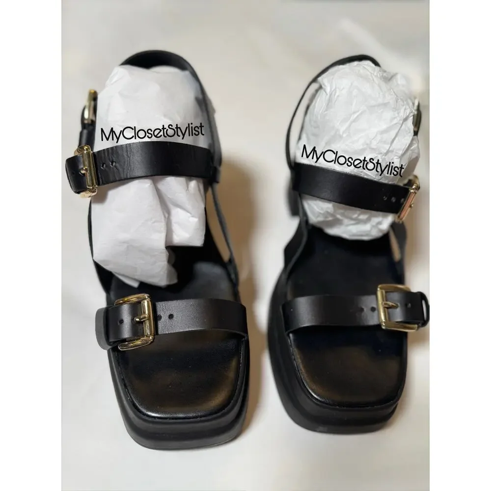 NEW! Free People Black Platform Italian Leather Sandals Made in Italy Shoes 38 8